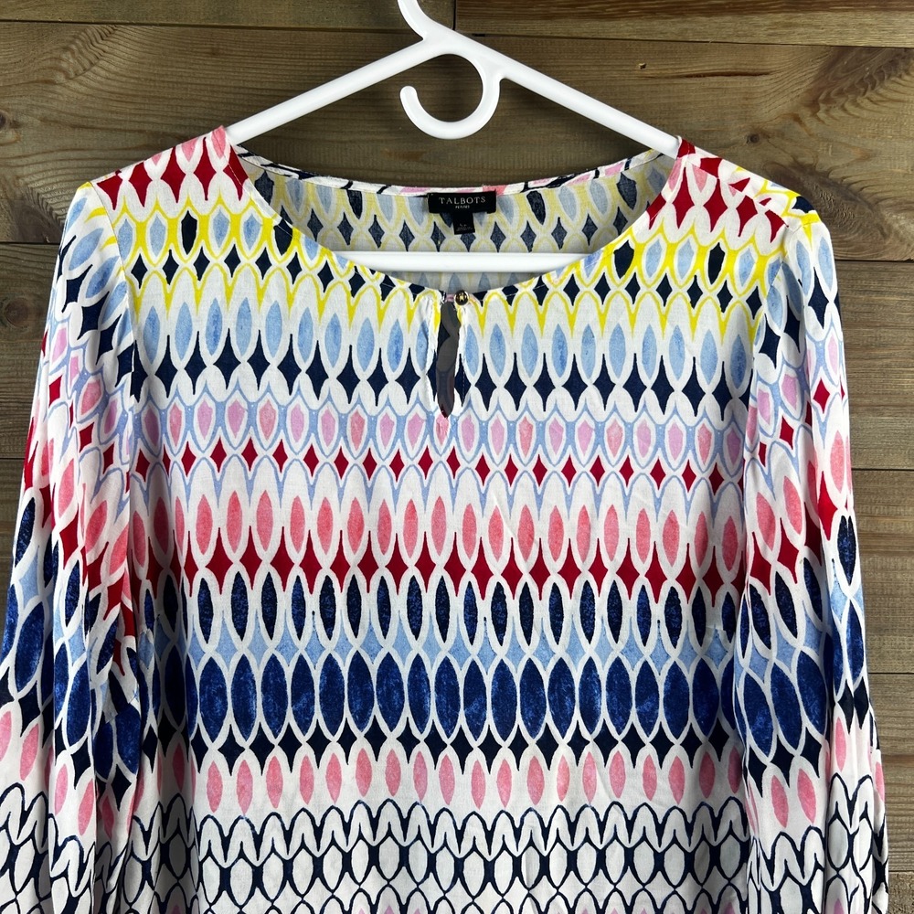 Talbots Womns Shirt 3/4 Sleeve Geometric Striped Colorful Blouse Size PL - Picture 2 of 8